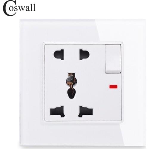 COSWALL Glass Panel 1 Gang 13A Universal 5 Hole Switched Socket With Neon Grounded With Children Protective Door C1 Series