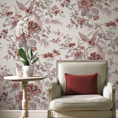 Red Vintage Birds And Flowers Wallpaper Chinese Floral Wallpaper For Walls Bedroom Living Room Wood Wall Papers Non woven