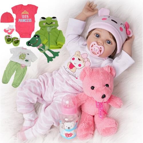 Tianara Blue Eyes Reborn Baby Dolls with Bear Lovely Newborn Bebe Doll for Children Special Gifts Frog Outfits Cute Brown Hair