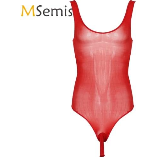Mens Lingerie Scoop Neck Sleeveless Sissy Bodysuit See-Through Open Bulge Pouch Leotard Underwear Nightwear for Lingerie Night