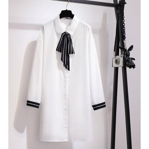 Summer Long Sleeve Loose Solid Bow Collar Plus Size Top Fashion Black Casual Clothing Large Size Long T-shirt Chiffon Dress