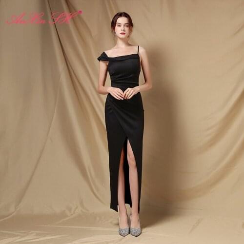AnXin SH vintage black satin evening dress Party sexy spaghetti strap beading sequins red evening dress Little white dress 18710