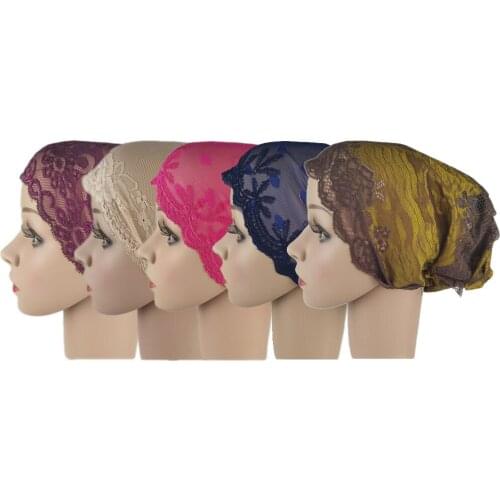 5PCS Women Muslim Turban Inner Cap Arab Lace Hijab Islamic Headwear Chemo Hat Wrap Cover Beanie Flower Hair Loss Cap Soft Bonnet