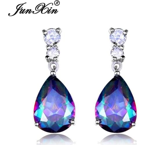 JUNXIN Mystic Fire Zircon Teardrop Zircon Drop Earrings For Women Purple Blue Green Rainbow Pear Stone Wedding Earrings Female