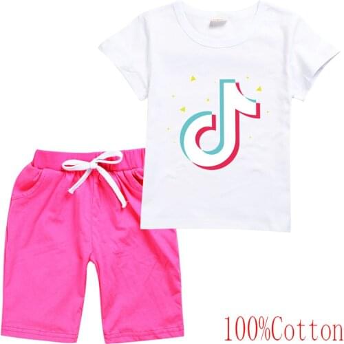 TIK TOK Girls summer short sleeve suit cotton short sleeve t-shirt+ cotton medium pants