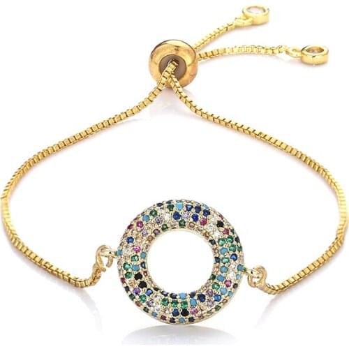 Fashion womens rainbow round bracelet jewelry gold cz colorful zircon bracelet bangle adjustable chain bracelet for women
