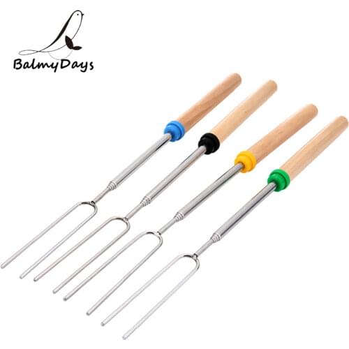1Pc BBQ Fork Telescoping Barbecue Roasting Fork Extending Hot Dog Marshmallow Roasting Stick with Wood Handle Campfire BBQ Tools
