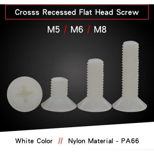 25-50 PCS Nylon Cross Recessed Flat Countersunk Head Screw M5 M6 M8 White Color Nylon Material Plastic Insulation Phillips Bolts