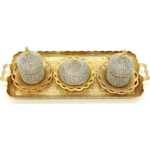 Tu rkey authentic AMAZING Giftalgel Swarovski Stone Embroidered Set of 2 Gold Color Turkish Coffee Sets FREE SHIPPING