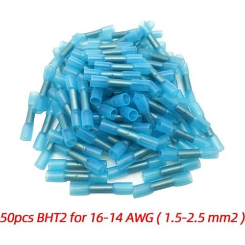 BHT2 Blue Quality 50pcs Heat Shrinkable Tube Crimp Terminal Waterproof Insulated for 16-14 AWG ( 1.5-2.5 mm2) Connectors