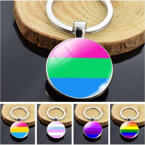 Rainbow Flag Keychain Glass Cabochon Jewelry Bisexual Polysexual Double Keychain Gay Lesbian Fashion Pendants Creative Gifts