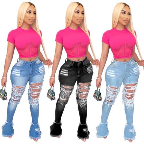 Casual Women jeans Long Pants Hole Flare High Waist With Pocket boyfriend jeans for women summer Clothes For Women