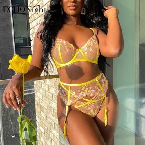 Echonight Floral Embroidery Lingerie Sexy Lace Push up Underwire Bra Graters and Thongs Transparent Yellow Sexy Underwear Set