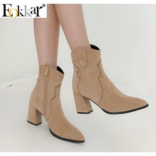 Eokkar 2020 Large Size 45 Women Ankle Boots Flock Hoof Heels Pointed Toe Ladies Winter Shoes High Heel Short Boots Size 34-45