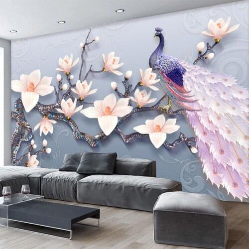 Photo Wallpaper 3D Stereo Relief Magnolia Peacock Flowers Mural Living Room TV Sofa Bedroom Background Wall 3D Decor Papel Tapiz