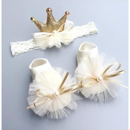 Lace Bows Baby Socks Headband Flower Crown Infant Toddler Socks For Newborn Girls Floor Socks