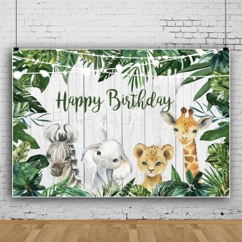 Laeacco White Wooden Boards Jungle Safari Happy Birthday Party Baby Portrait Customized Banner Photo Background Photo Backdrops