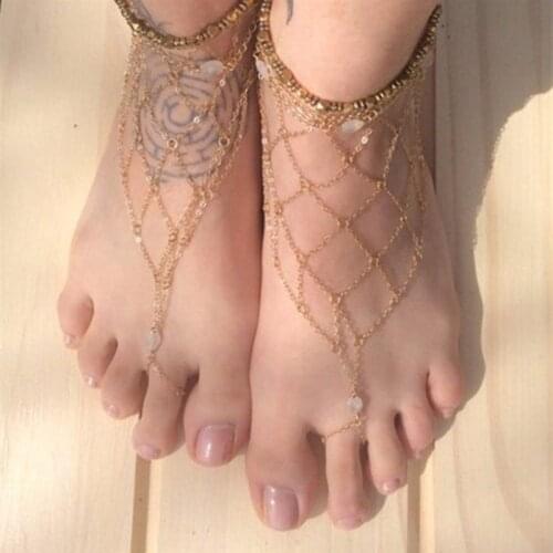 Fashion Exaggerate Metal Chain Mesh Shape Toe Ring Anklets Women Summer Beach Barefoot Sandals Ankle Anklet Boho Foot Jewelry