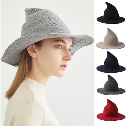 Shaman Hat Solid Color Steeple Unisex Wide Brim Foldable Knitted Witch Cap for Halloween Foldable Wide Brim Witch Hat