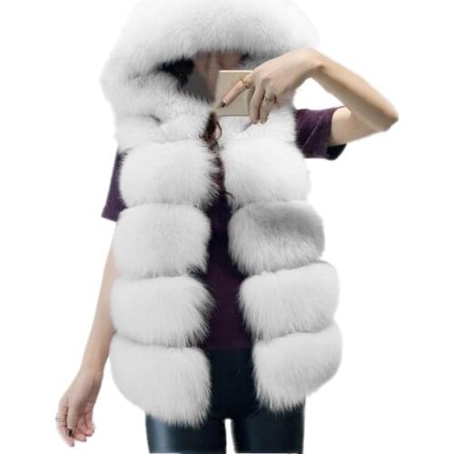 Lisa Colly Women Winter coat Overcoat Warm Faux fur Vest Coat With hooded Stripe Medium-long Fur Vest Faux Fox Fur Vest Jacket