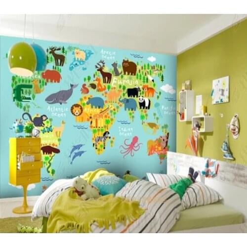 Papel de parede Cartoon world map cute animal world childrens room Background Wall 3D wallpaper mural,living room home decor