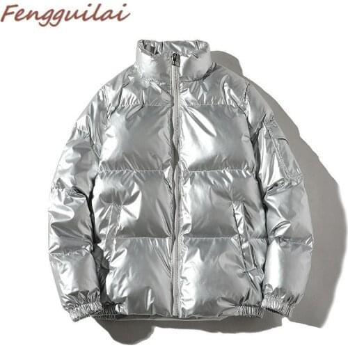 FENGGUILAI PU Leather Parkas Women Man Fashion Faux Silver Leather Coats Women Elegant Zipper Cotton Black Jackets Female Ladies
