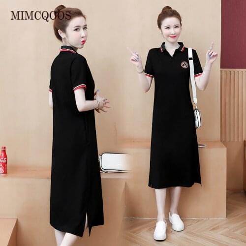 Summer Cotton Appliques Polos Dress Women Striped Loose Long Straight Dresses Female Casual Black Pink Clothes Pocket vestidos