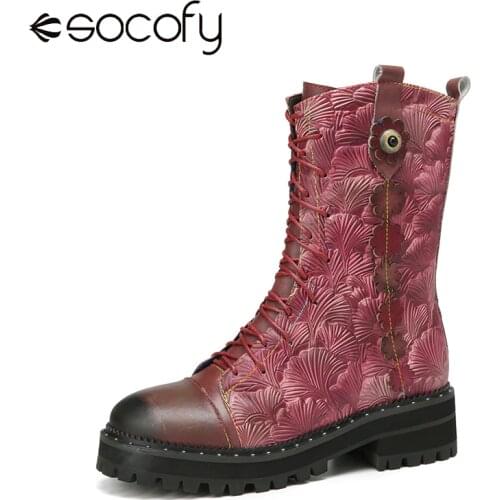 SOCOFY Natural Ginkgo Leaf Print Embossed Womens Shoes Leather Comfy Wearable Casual Short Boots Fashion Style Mid-calf Boots