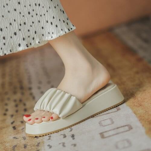 Slippers womens Korean pleated high heeled versatile slippers womans shoes shoes woman sandals Casual high heels