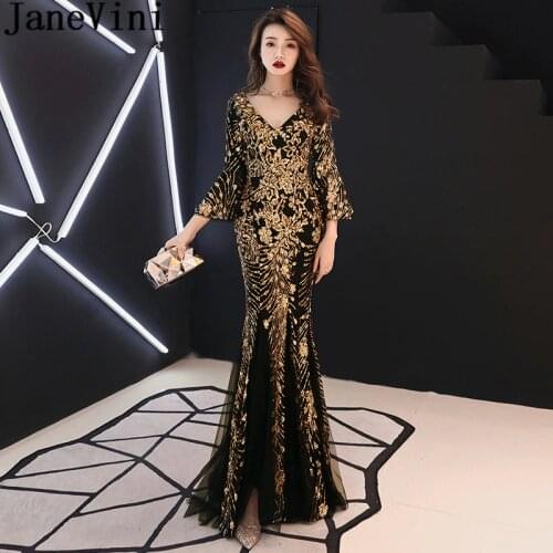 JaneVini Gold Sequins Formal Evening Dress Gown with Sleeves Arabic Black Mermaid Brides Mother Dresses for Weddings Party Dress
