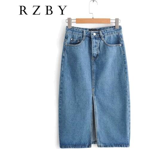 2021 Sexy High Waist Denim Faldas Women Fashion Split Mid Calf Length Skirts Vintage Pocket Solid Saia Ladies Midi Jupe RZBY415