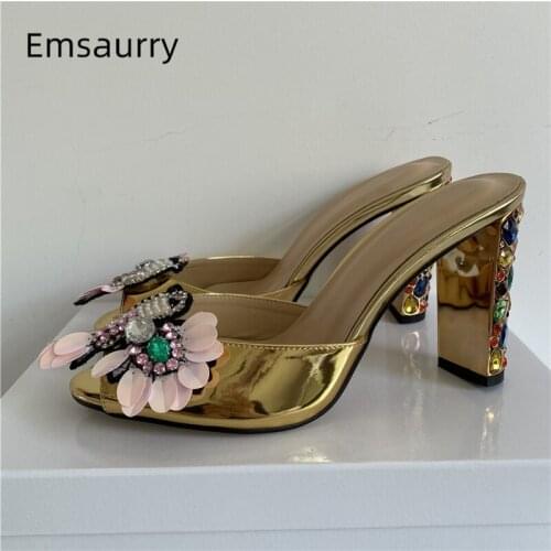 Bling Sequins Flower Runway Mules Lady Summer Diamond High Heel Slingbacks Patent Leather Peep Toe Rhinestone Sandals Women