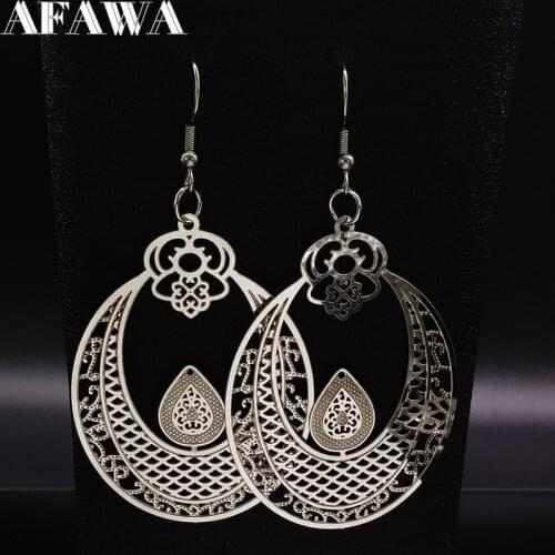 2021 Fashion Silver Color Stainless Steel Earrings for Women Flower Big Drop Earrings Indian Jewelry pendientes mujer E1514S02