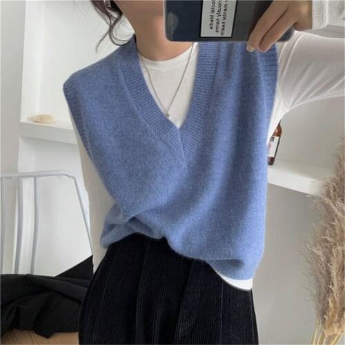 Lady Round Neck Split Knit Vest Women 2022 Spring Korean Version Navy Blue Loose and thin Pullover Sweater Vest Outside Fashion