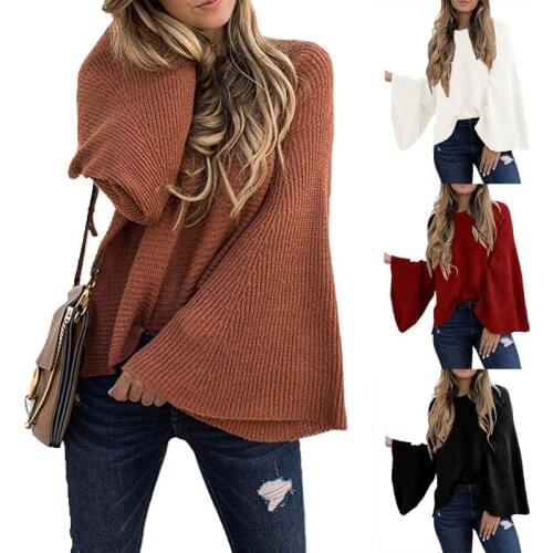 2020 Women Winter Sweater Clothing Solid Trumpet Sleeves Long Flare Sleeve O-Neck Lady Fashion Autumn Sweaters Sweet Streetwear