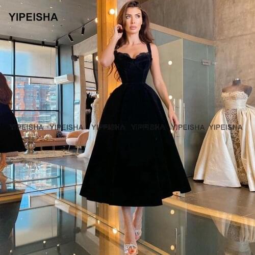Yipeisha Vintage Tea-length Little Black Dress A-line Velvet Party Dresses Robe de Cocktail Corset Velour Prom Gown