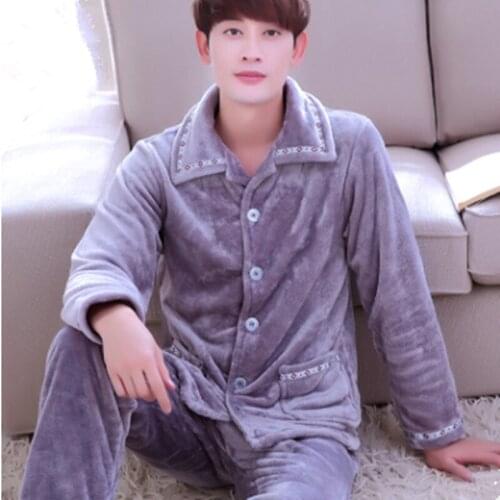 Winter Men Pajama Sets Coral Fleece Thick Solid Men Sleepwear Suits Flannel Long Sleeve Autumn Pajama Man Warm Homewear XXL XXXL
