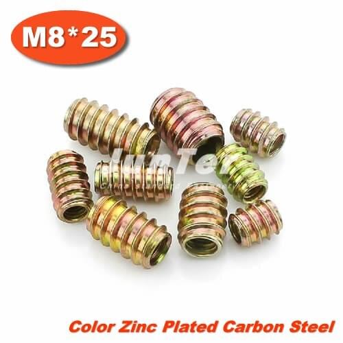 10pcs/lot M8*25 Furniture Unhead Nut Threaded Color Zinc Plated Carbon Steel For Wood Insert