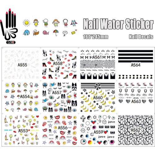12 Sheets/Lot Nail Art A553-564 Mixed Cartoon Fashion Nail Art Water Sticker Decal For Nail Art (12 DESIGNS IN 1)