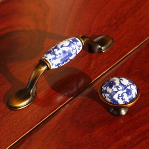 3" Top Quality Retro Blue and White Porcelain dresser kitchen cabinet door handles antique bronze drawer cupboard knob pull 76mm
