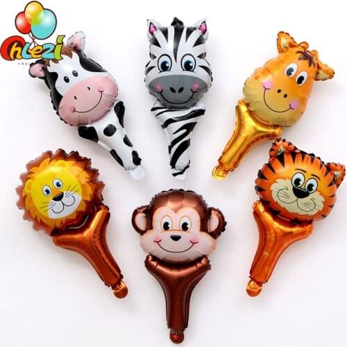 6pcs Handheld Animal Head Foil Balloons Safari Zoo Inflatable Air Balloon Baby Shower Toys Birthday Party Decorations Kids Gifts