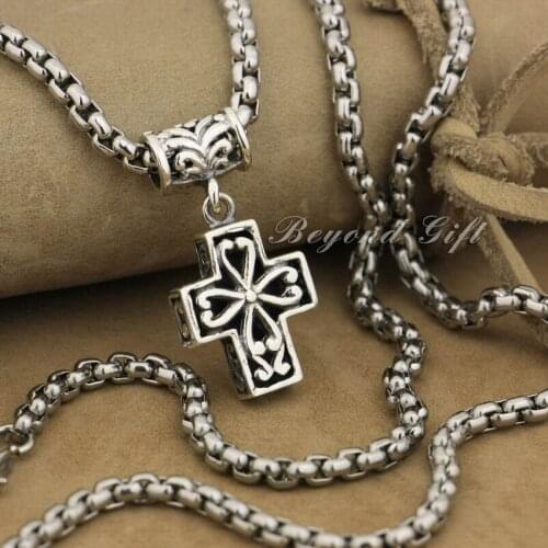 925 Sterling Silver Decorative Cross Charm Biker Rocker Punk Pendant 9R012 with Steel Necklace 26 inches