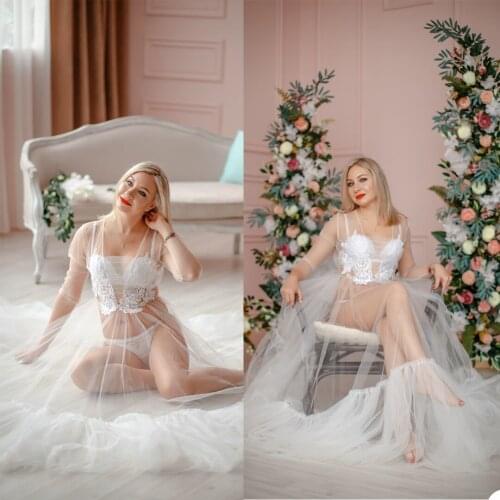 White Sexy Tulle Dresses Sleepwear Plus Size Illusion Maternity Dress For Photo Shoot Long Sleeve Lace Appliques Nightgowns Robe