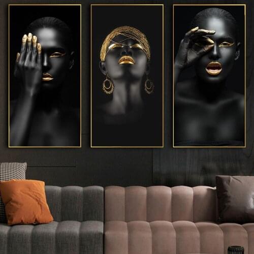 Black Woman with Golden Jewelry Canvas Paintings on the Wall Art Posters And Prints African Woman Sexy Lips Art Pictures Cuadros