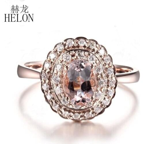 HELON Natural Morganite Ring Solid 14K Rose Gold Natural Diamonds Engagement Wedding Gemstone Ring Women Fine Jewelry Best Gift