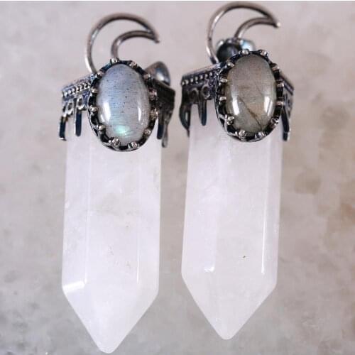 Necklace Pendant Natural Stone Labradorite White Crystal Hexagon Crown Half Moon for Making Jewelry 1Pcs K794