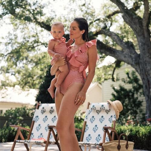 Little Girl Swimsuit 2021 New Plaid Baby Swim Wear One-piece Surfwear Bikini for Mommy and Me Backless Bathing Suit Play Favors