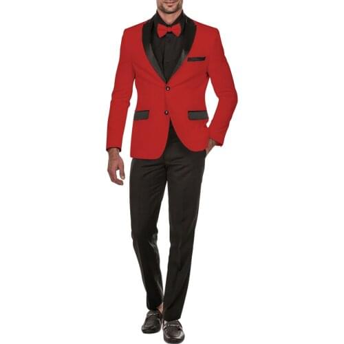 Custom Made Men Suits Red and Black Groom Tuxedos Peak Lapel Groomsmen 2 Pieces Wedding Best Man ( Jacket+Pants+Tie ) C991