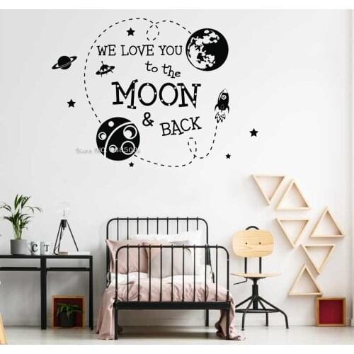 We Love You to Moon and Back Quote Wall Decals Outer Space Murals Art Wallpaper Earth Rocket Planet Vinyl Wall Stickers LC1335