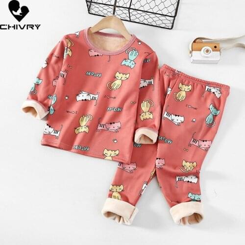 New 2021 Kids Boys Thicken Pajama Sets Cartoon O-Neck Tops with Pants Baby Girls Autumn Winter Soft Warm Sleeping Clothing Sets